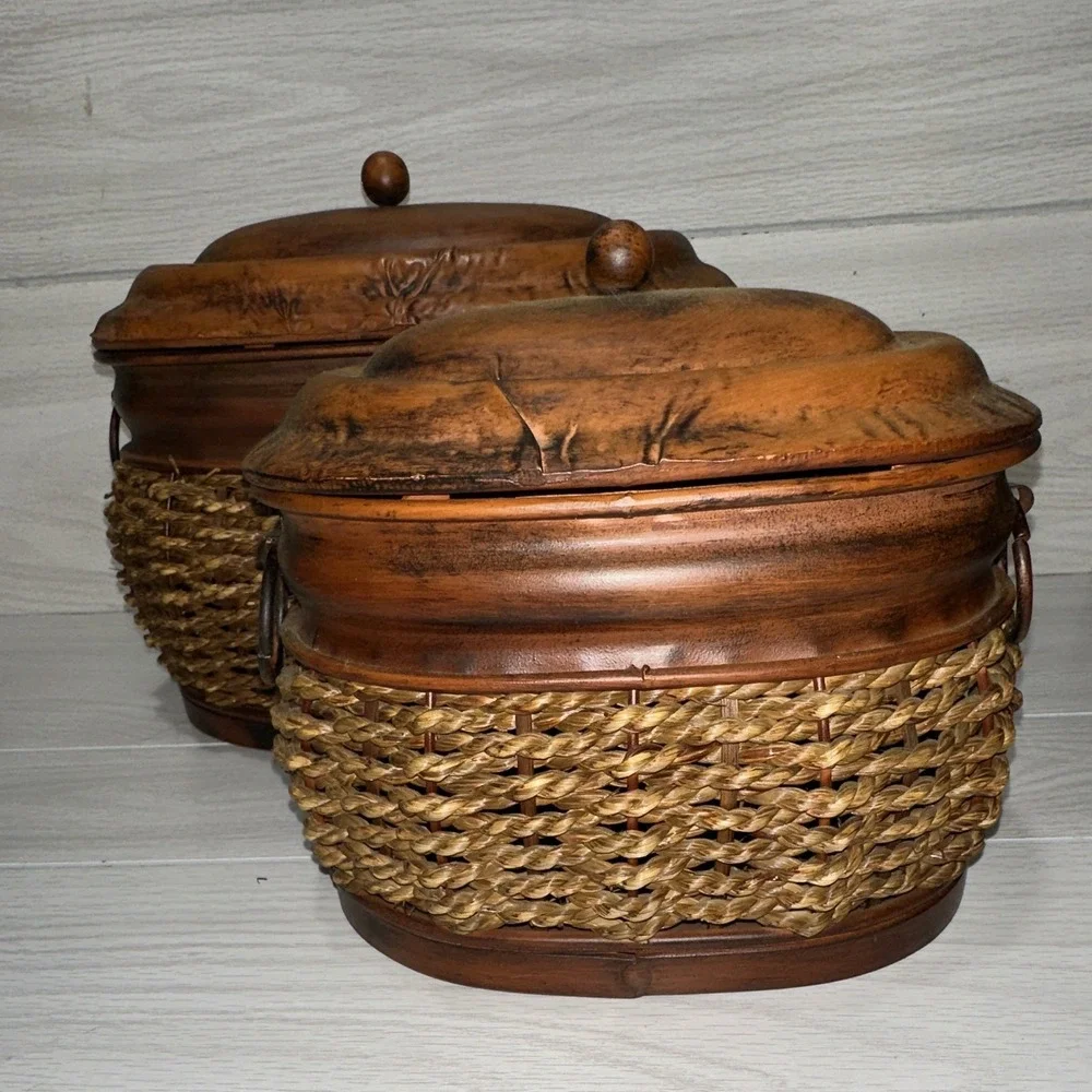 Rustic Brown/Tan Metal Decorative Jars (Set Of 2) Woven Wicker Lids Handles